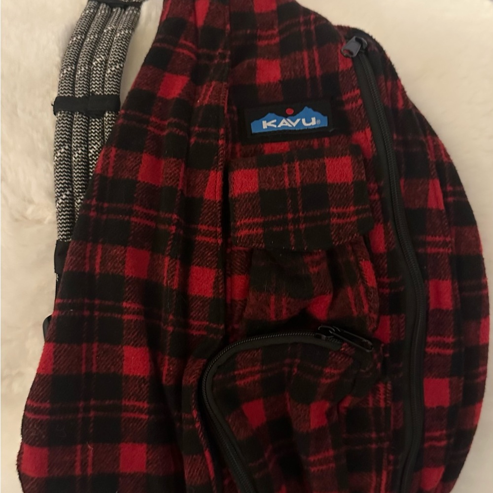 KAVU Red and Black Checkered Sling Bag, Lumberjack Bag
